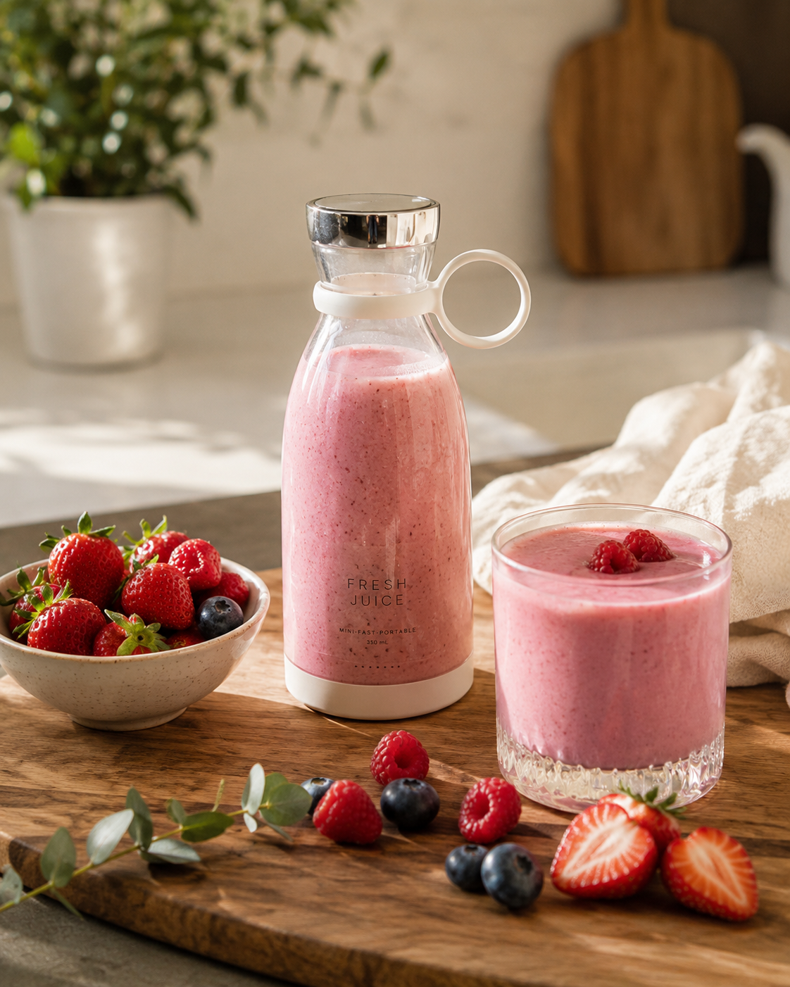 BLENZA med rosa smoothie på ett frukostbord